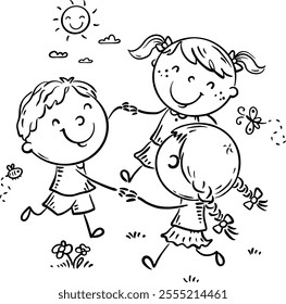 Happy cartoon kids holding hands dancing circle. Black and white vector illustration