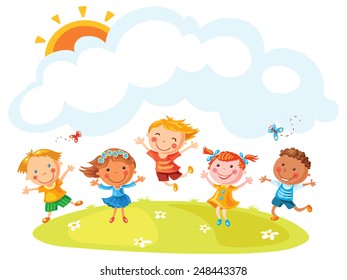 Happy cartoon kids jumping with joy on a hill with a copy space, no gradients, no outline