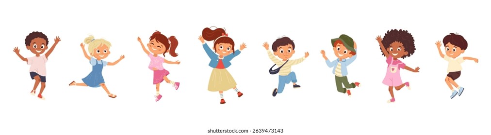 Happy cartoon kids jumping joyfully. Smiling classmates boys and girls having fun. Fun childhood characters for card, banner, poster, design element, back to school print. Vector illustration isolated