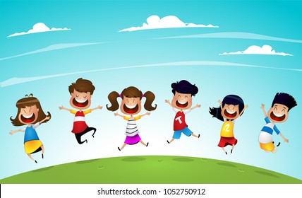 Happy cartoon kids jumping together. Vector illustration