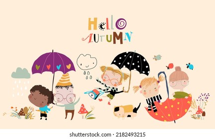 Happy Cartoon Kids meeting Autumn with Color Umbrellas