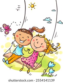 Happy cartoon kids on a swing. Two girls swinging together. Doodle children playing outdoors. Flat vector illustration