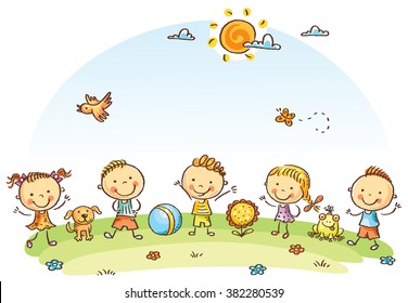 Happy cartoon kids outdoors on a green meadow