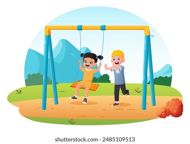 Happy Cartoon Kids Playing on a Swing, Girl and Boy Playing together in a Playground Vector Art