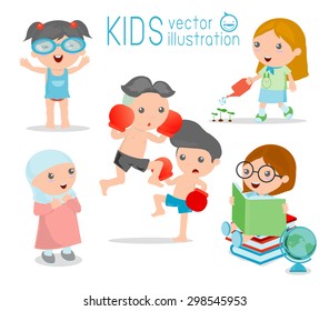 happy cartoon kids, Kids playing on white background , kid playing and lifestyle, vector illustration