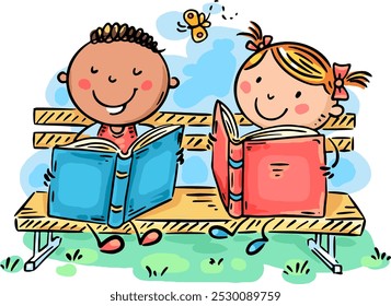 Niños felices de la historieta que leen los libros que se sientan en un banco en el parque el día de verano. Ilustración vectorial de niños