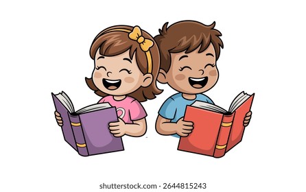 Crianças de desenhos animados felizes lendo livros junto com sorrisos grandes

