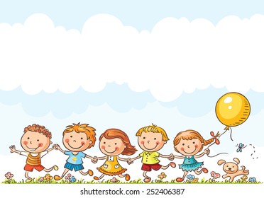 Happy cartoon kids running outdoors on a summer day