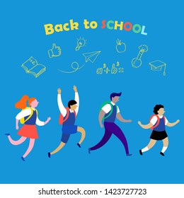 Happy cartoon kids running to school. Pupils different gender and nationalities going to school. Back to school vector illustration