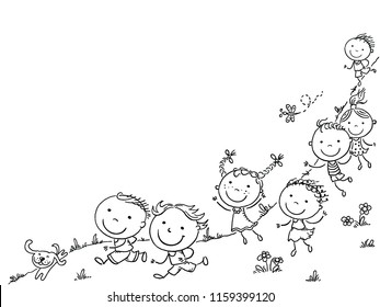 Happy cartoon kids running, vector frame with a copy space, black and white