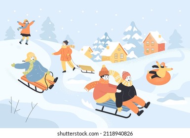 Happy cartoon kids sliding down hill on sleds. Snow falling, children having fun while sledding down slide flat vector illustration. Winter activities or holidays, childhood concept for banner