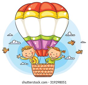 Happy cartoon kids traveling by air with copy space across the balloon