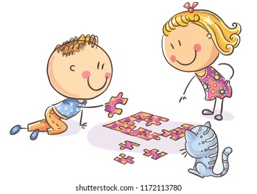 Happy cartoon kids trying to assemble puzzle, vector illustration