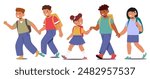 Happy Cartoon Kids Walking Together Holding Hands. Diverse Group Of Children Looks Cheerful And Friendly, Embodying Themes Of Friendship, Unity, And Fun. Vector Illustration For Child-related Content