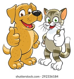 Happy cartoon kitten and pup gesturing thumbs up.