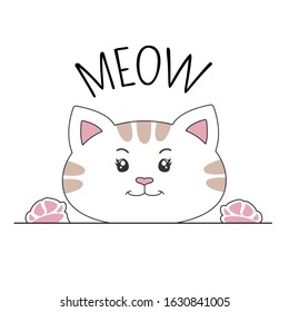 Happy cartoon kitty  and inscription meow. Graphic element for print design, greeting card, poster and t-shirt. Vector illustration