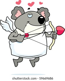 A happy cartoon koala cupid with a bow and arrow.