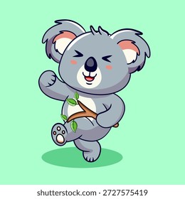 Happy Cartoon Koala Dancing with Eucalyptus Branch Vector Illustration Kawaii Design