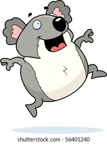 A happy cartoon koala jumping and smiling.