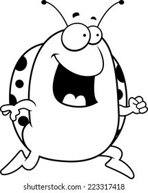 A happy cartoon ladybug running and smiling.