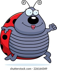 A happy cartoon ladybug running and smiling.