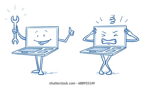 Happy cartoon laptop mascot character with repair tool and thumb up and holding his screen head in pain. Hand drawn line art cartoon vector illustration.