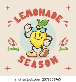 Happy cartoon lemon character with sunglasses . Summer poster illustration in Retro Groovy style. Funky Print for T- shirt. Mascot logo and lemonade promotion. Lemonade season, Feeling fresh.	