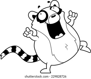 A happy cartoon lemur dancing and smiling.