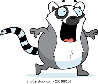 A happy cartoon lemur walking and smiling.
