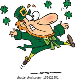 Happy cartoon leprechaun throwing four leafed clovers