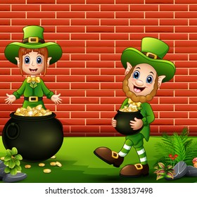 Happy cartoon leprechauns with pot of gold coins
