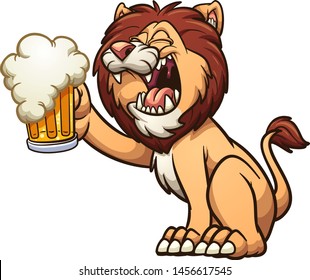 Happy cartoon lion holding up a beer clip art. Vector illustration with simple gradients. Lion and beer separate layers. 
