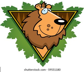 A happy cartoon lion on a safari themed icon.