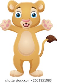 Happy cartoon lion posing on white background