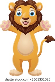 Happy cartoon lion posing on white background