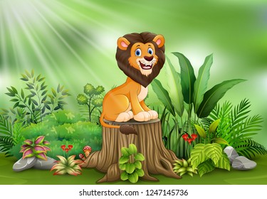 Happy cartoon lion sitting on tree stump with green plants
