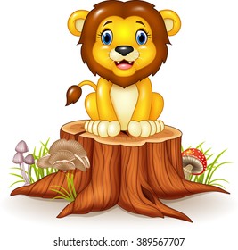 Happy cartoon lion sitting on tree stump