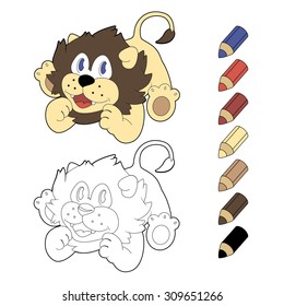Happy cartoon  lion. Vector coloring book illustration. 