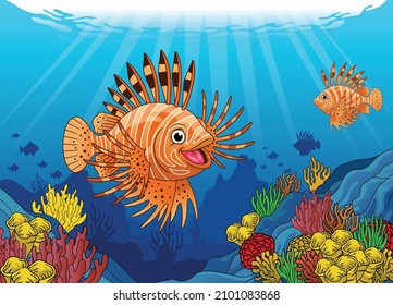 Happy Cartoon Lionfish in the coral reef