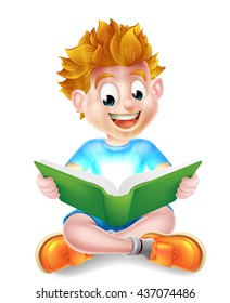 A happy cartoon little boy enjoying reading an amazing book and using his imagination