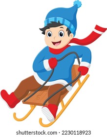 Happy Cartoon little boy sledding down