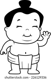 A happy cartoon little sumo wrestler waving and smiling.