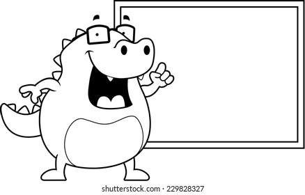 A happy cartoon lizard at the blackboard.
