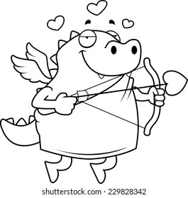 A happy cartoon lizard cupid with a bow and arrow.