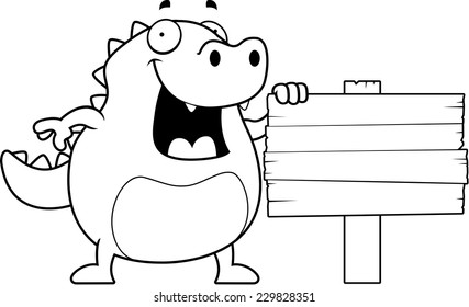 A happy cartoon lizard standing next to a sign.