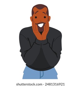 Happy Cartoon Male Character With Hands On Face, Expressing Surprise And Joy. Black Adult Man Wearing A Black Sweater And Blue Pants, Creating A Cheerful And Positive Feeling. Vector Illustration
