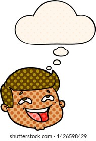 happy cartoon male face with thought bubble in comic book style