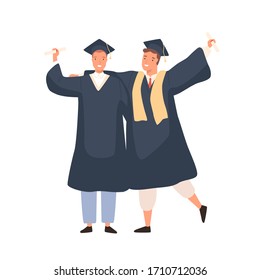 Happy cartoon male graduated students having positive emotion vector flat illustration. Joyful guys in dress, gown or robe and graduation cap isolated on white background. Two fellow hold diploma