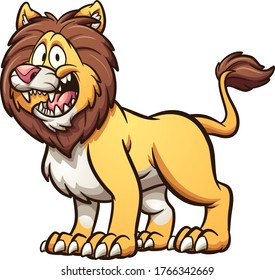 Happy cartoon male lion with big smile standing on four legs. Vector clip art illustration with simple gradients. All on a single layer.
