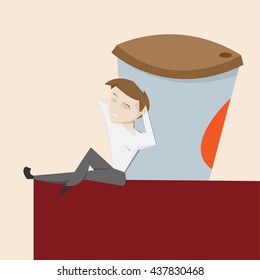 Happy cartoon man and big cup take away hot drink vector illustration
